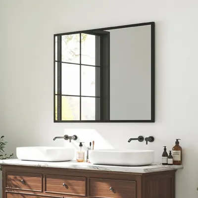 Produktbild von Wandspiegel 76x101 cm Schwarz – Rechteckiger Badezimmerspiegel mit Holzrahmen, Hoch- & Querformat