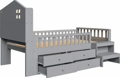 Produktbild von Flieks Kinderbett Hausbett 90x200cm mit 4 Schubladen, Holzbett Schlafsofa mit Ladefunktion und Led, Einzelbett mit Treppe und Rausfallschutz, Grau