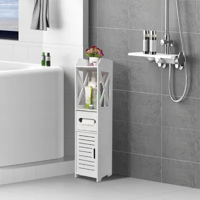 A white bathroom cabinet with storage compartments is shown next to a bathtub and a shower.