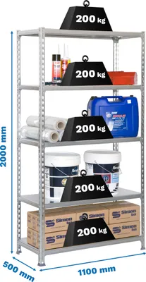 Produktbild von Simonrack Kit simonclick superplus 5/500, 5 Regale, Metall, Metall, Edelstahl, 180 kg, 1100 mm