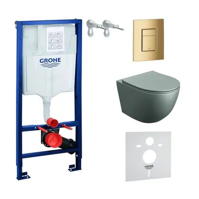 Produktbild von GROHE Vorwandelement Solido + Wand Hänge WC Sinto Grau Spülrandlos + WC-Sitz SoftClose | Goldener Knopf | Komplettset | Unterputz Spülkasten |  Toilette Komplett Sett