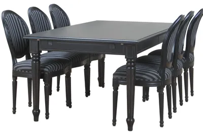 Produktbild von Amaretta Essgruppe100x180/280 einschl. 2 Zusatzplatte schwarz mit 6 Rokoko Stühlen antik schwarz/sch, KI-generiertes Bild