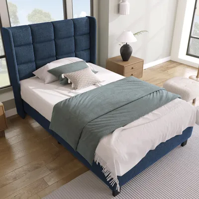 Image de OKWISH Lit simple 90x200 cm - Lit adulte capitonné avec sommier à lattes - Lin - Sans Matelas - Bleu