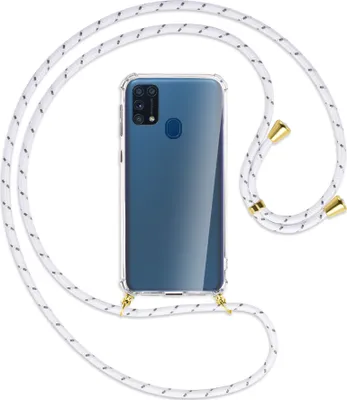 Produktbild von Handykette Backcover-Schutzhülle mit Band (Metall goldfarben) für Samsung Galaxy M31 - weiß/grau