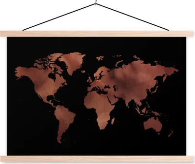 Produktbild von MuchoWow® Textilposter Weltkarte - Schwarz - Rot 120x80 cm mit holzfarbenen Rahmen - Aufhängeset
