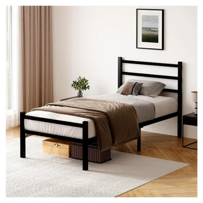 Produktbild von Metallbett 90x200 cm, Einzelbett mit Stauraum, modernes Bettgestell, Jugendbett mit Lattenrost, einfache Montage, Schwarz