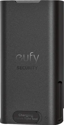 A close-up, front-facing view of a black eufy battery pack.