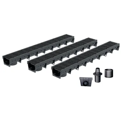 Produktbild von MEAPARK Entwässerungsrinne 3er-Set, 3 x 1 m, mit schwarzem Längsstabrost aus Recyclingkunststoff und Zubehör, für Terrassen, Pools und Gärten, A15