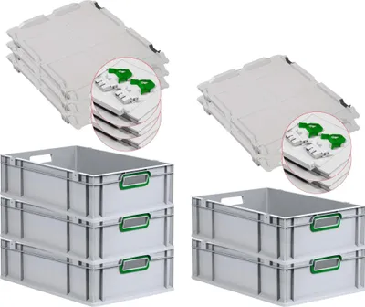 Produktbild von SuperSparSet 5x Eurobox NextGen Color mit Scharnierdeckel und Schiebeschnappverschlüssen | HxBxT 17x40x60cm | 34 Liter | Grau | Griffe grün offen | Glatter Boden | Eurobehälter, Transportbox, Transportbehälter, Stapelbehälter