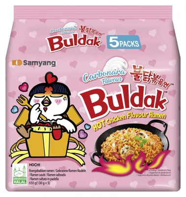 Obrázek produktu pro Buldak Ramen, pikantní kuřecí karbonárová příchuť, 5 balení po 130g, krémová, pikantní, celkem 650g