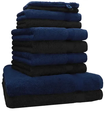 Image de Betz Set de 10 serviettes PREMIUM 2 draps de douche 4 serviettes 2 serviettes pour invités 2 gants de toilette Couleur : bleu foncé & noir
