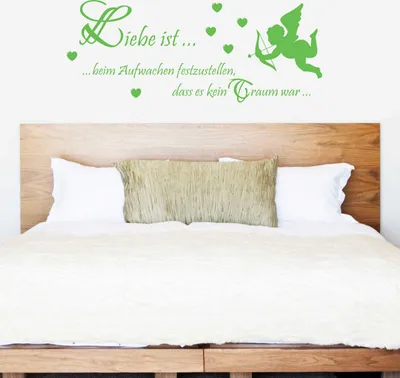 Produktbild von Wandtattoo - Wandaufkleber - Wandtattoo "Liebe ist… beim Aufwachen" - 120cm x 49cm lindgrün - Dekoration Küche Wohnzimmer Wand
