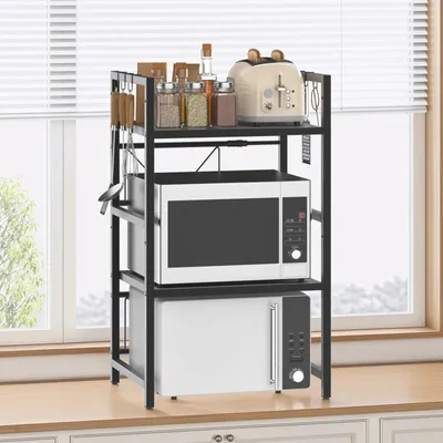 Immagine prodotto di Ripiano per microonde - Portaoggetti da cucina a 3 livelli - Larghezza regolabile - Scaffale in acciaio regolabile con 6 ganci - Organizer angolare salvaspazio
