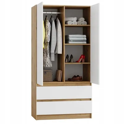 Produktbild von Kleiderschrank Novela, Wotan/ Weiß 2-türig | Moderner Schlafzimmerschrank 90 x 180 x 50 cm | Garderobenschrank für Flur & Kinderzimmer, Geräumig
