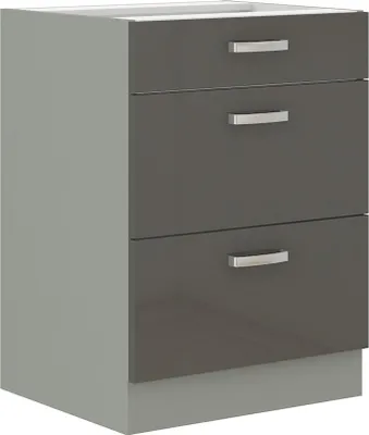 Produktbild von Bianca Küchenunterschrank, Grau Hochglanz, B 60 cm x T ca. 50 cm x H ca. 82 cm, mit Vollauszug Soft-Close, 1 Schubkasten und 2 Auszüge, Material: Spanplatte mit Folie und Laminat, zur Selbstmontage, Griffe: Metall Chromoptik (Lochabstand 128 mm)