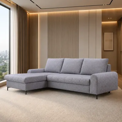 Produktbild von GOLDSTOFF AKIRA Ecksofa L-Form | Schlafsofa mit Schlaffunktion und praktischem Staufach | Bequemes Schlafsofa (Blau)