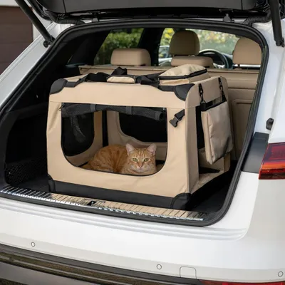 Produktbild von belviona Katzentransportbox, leichte & stabile Transporttasche Katzen, faltbar mit Mesh-Fenstern, Innenkissen & Taschen, 70x52x50 cm, beige