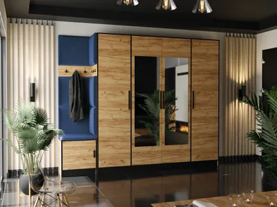 Obrázek produktu pro KIER FURNITURE Šatní Skříň, Zlatý Dub Craft + Modrá Látka - 259,6x205x39cm