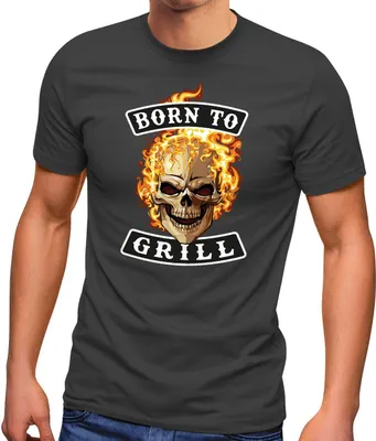 Produktbild von Herren T-Shirt grillen mit Spruch Born to Grill Skull Flammen Fun-Shirt Grill-Geschenk Männer Moonworks® anthrazit 3XL