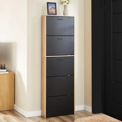 Image de CASABEL Meuble à Chaussures 15 paires, Portes Noires et Cadre Bois Clair