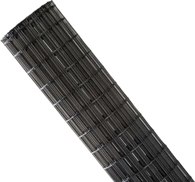 A roll of dark gray wire mesh fencing, presented diagonally against a white background.