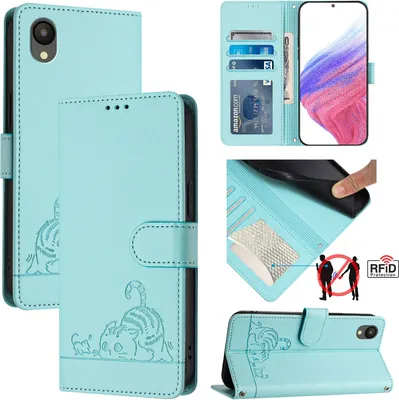 Produktbild von Leder Hülle für Samsung Galaxy A04 Core/A03 core Süße Katze Flip Case Brieftasche Schutzhülle mit Standfunktion hellgrün