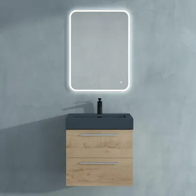 Produktbild von Mai & Mai Badmöbelset Komplett Set Waschbeckenunterschrank 60cm Unterschrank in Eiche Greige mit Waschschbecken und LED-Badspiegel Quadratto