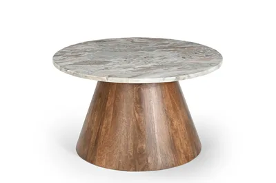 Produktbild von Marmoholz - Bari Couchtisch rund Ø70 cm x H40 cm – grauer Marmortisch mit braunem Massivholzgestell, eleganter Beistelltisch im Japandi- und Naturstil