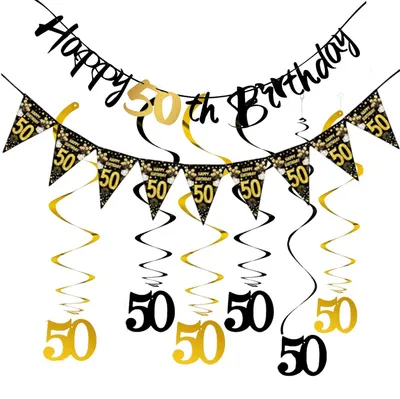 50. Geburtstag Deko Schwarz Gold Banner Wimpelkette 6 Hängespiralen