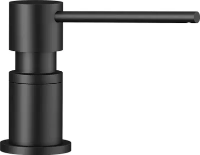 A black soap dispenser with a horizontal spout.