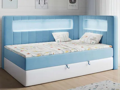 Produktbild von Polsterbett 90x200, Kinderbett mit LED, Matratze und Topper - JUNIOR-GOLD-3 - Blau/Weiß - Rechte Seite