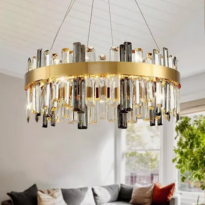 Immagine prodotto di Lampadario moderno in cristallo, con luce dimmerabile, forma circolare, lampada a sospensione in cristallo, lampada a sospensione LED, colore della luce dorato, regolabile