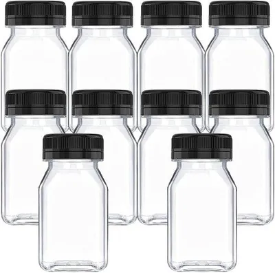 Obrázok produktu pre Priehľadný plastový pohárik s fľašou, 120 ml, 4,5 × 9,5 cm, na prípravu mliečnych kokteilov, nápojov, džúsov a mlieka.