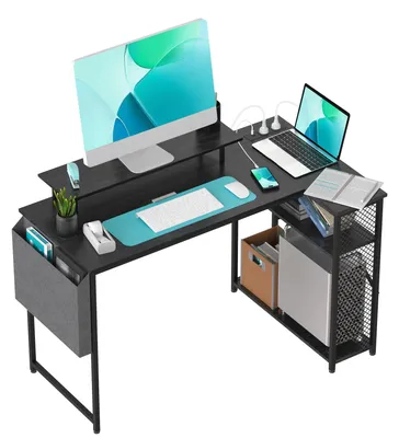 Obrázek produktu pro Rohový počítačový stůl – stůl ve tvaru L – 2 police – kovová konstrukce – 100 × 70 cm – do kanceláře a pro hraní her – černý