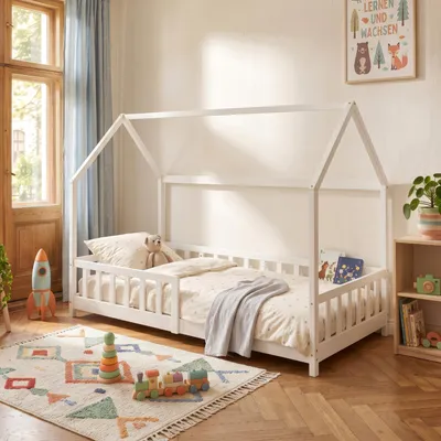 Obrázek produktu pro Dětská postel "Hesel" s ochranou proti vypadnutí, rozměry 90 x 200 cm, borovicové dřevo, bílá barva