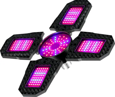 A foldable LED grow light with multiple panels emitting pink and purple light, set against a white background.