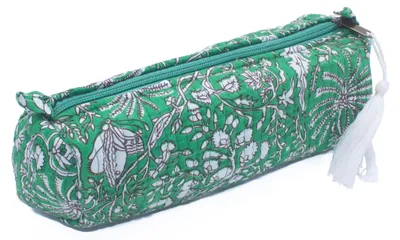 Produktbild von Gefüttertes Baumwoll-Federmäppchen mit Reißverschluss und Fransen – Verschiedene Muster – Multifunktionales Federmäppchen – Kosmetiktasche – Schultasche (Grüne Blume)