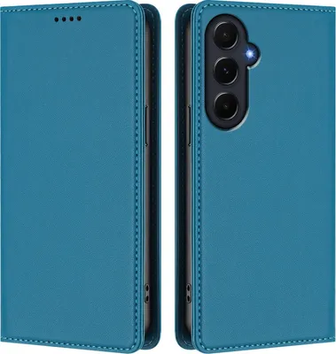 Image de Étui en cuir pour Samsung Galaxy A55, étui à rabat magnétique en cuirPolyuréthaneavec support, bleu lac