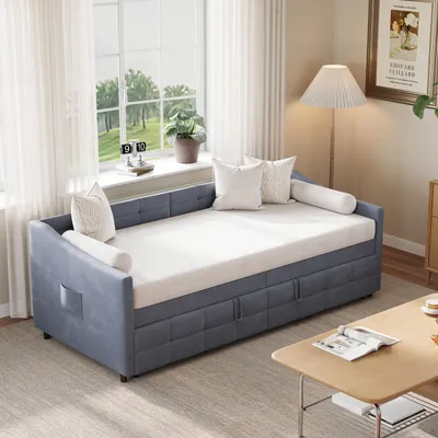 Obrázok produktu pre Rozkladací gauč 90×200 cm sivý zo zamatu – denná posteľ do bytu, domácej pracovne a hosťovskej izby, priestorovo úsporná jednolôžková posteľ