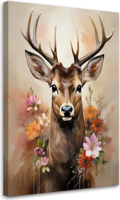 Produktbild von Leinwandbild Hirschblumen Tiere Vintage 40x60 Feeby Braun bild für die wand bereit zum aufhängen