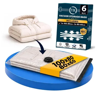 Obrázok produktu pre Vakuové vrecká na prikrývky a oblečenie, 6 kusov: 3x veľkosť XL (100x80 cm) + 3x veľkosť L (80x60 cm)