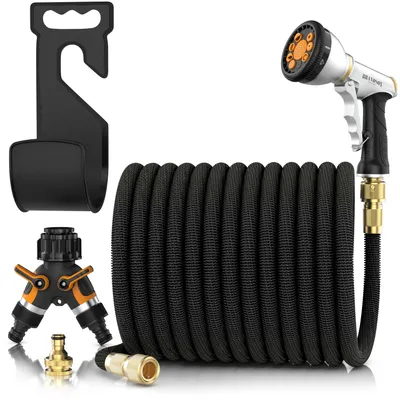 Image de Tuyau d'arrosage flexible Brandson 7,55-22,5 m, tuyau flexible, tuyau d'eau, 9 buses fonctionnelles, ensemble comprenant un tuyau d'arrosage, une douchette de jardin, un distributeur à 2 voies, un support mural, raccords 3/4 pouce et 1/2 pouce