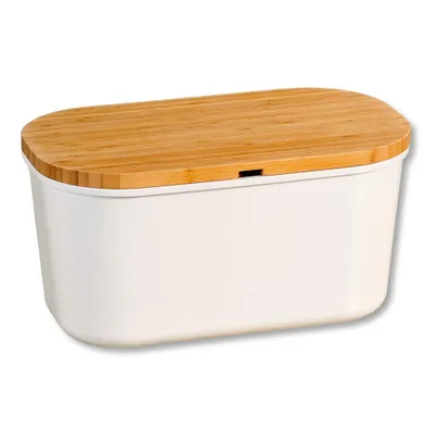 Produktbild von KESPER Brotbox Brotkasten Melamin weiß,Bambusdeckel als Schneidebrett, 37x21,5x18,2 cm, spülmaschinengeeignet, 58080