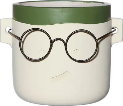 A close-up front view of a ceramic pot designed to look like a face with glasses.