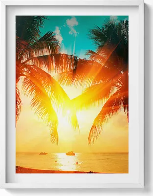 Produktbild von Urlaubsansicht - Palmen bei Sonnenuntergang– Wandbild mit Rahmen – Gerahmtes Bild  – Wanddekoration – 60x80 cm –  Weiß Rahmen