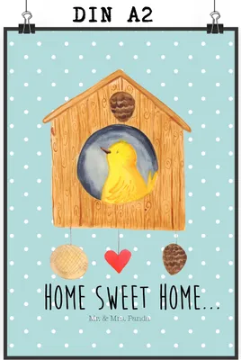 Produktbild von Mr. & Mrs. Panda Bild Vogelhaus Home DIN A2 - Türkis Pastell - Geschenk, wanddeko, kunstposter, Wandbild, Vogel, Lustige Sprüche, Hausbau, Plakat, Umzug, drucke, Haus