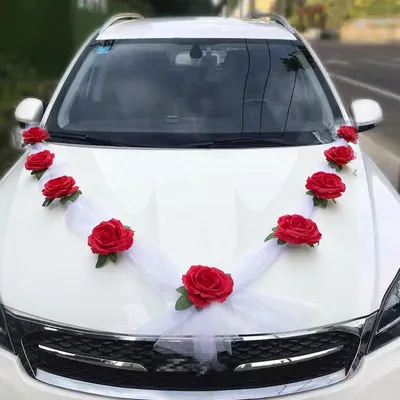 Obrázok produktu pre Dekoračná súprava na auto pre svadbu, girlanda červenej a bielej farby s 9 ružami, dĺžka 2 x 1,6 m