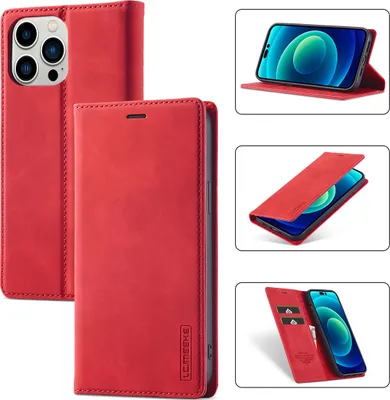 Produktbild von iPhone 14 Pro Hülle, Standfunktion Kartenfach Wallet Leder Schutzhülle für iPhone 14 Pro Rot