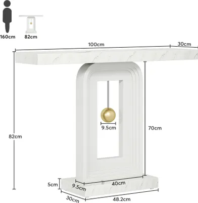 Produktbild von Tribesigns Schmaler Konsolentisch Weiß, 100cm Flurtisch Eingangstisch mit Pendel Form Basis, Marmorimitation Druck Konsolentisch Schmal Holz Tisch