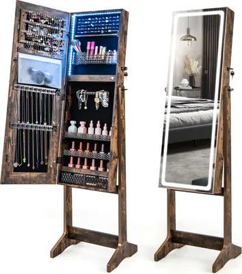 Produktbild von COSTWAY Freistehender Schmuckschrank mit LED-Beleuchtung, Schmuckschrank mit beleuchtetem Ganzkörperspiegel, Lippenstiftbox &Schubladen rustikal braun